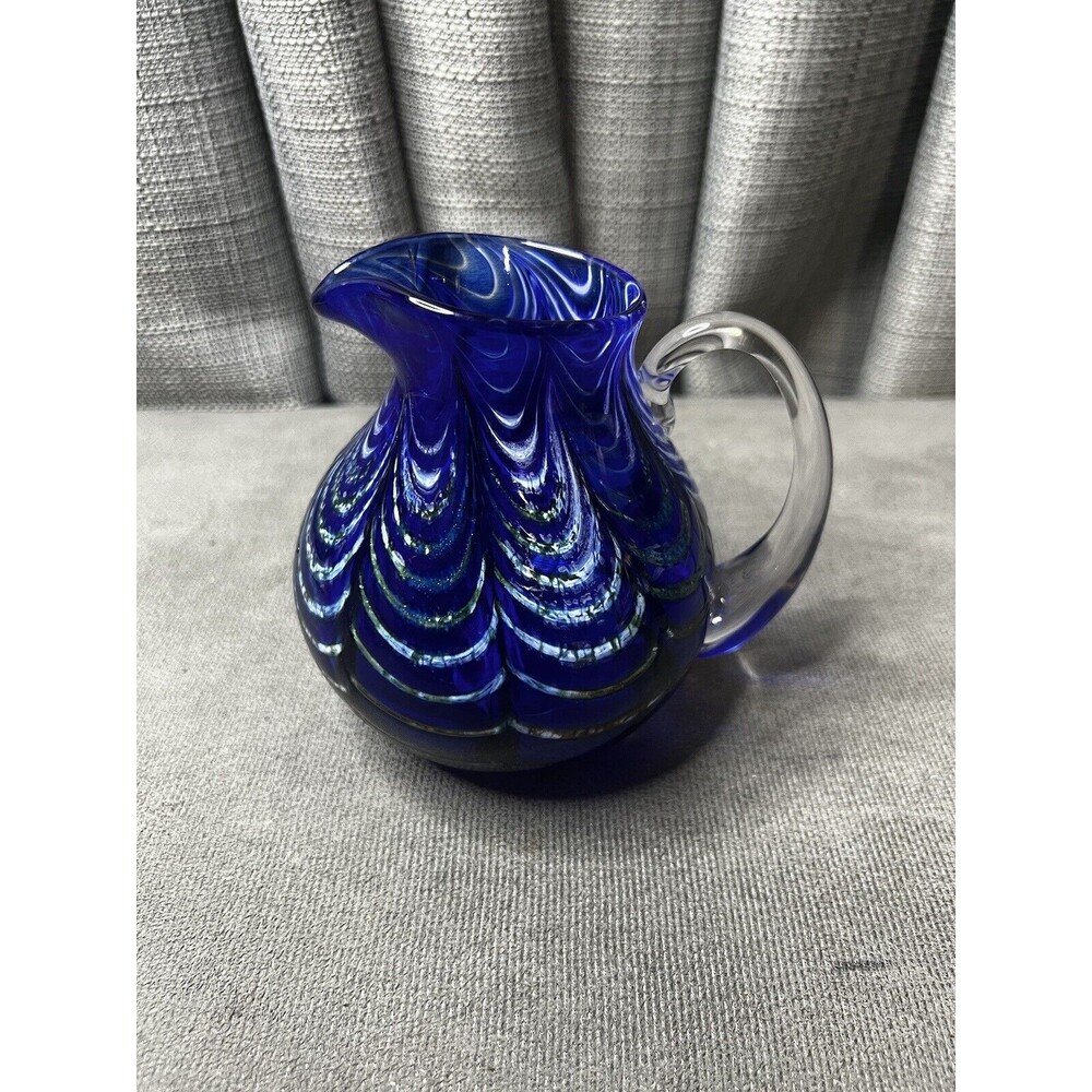Kyle Gribskov Cobalt Blue Iridescent Inlaid Swirls Wave Blown Art Glass Pitcher